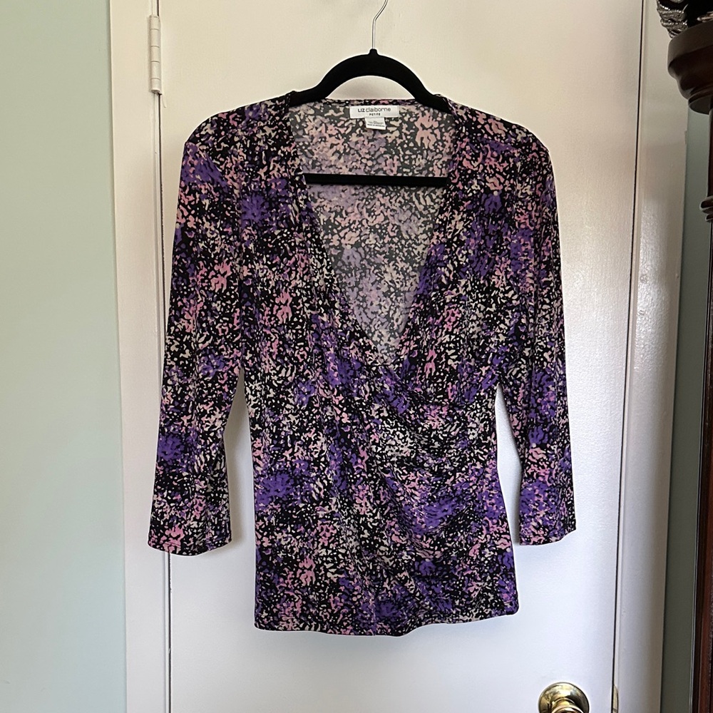 Liz Claiborne Purple and Pink Patterned V Neck Splice Blouse